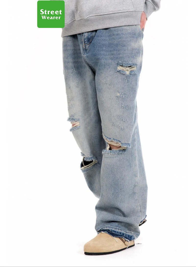 Cleanfit Basic Washed Vintage Casual Straight Ripped Jeans SW023UNFG510