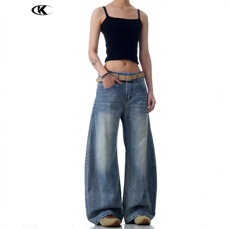 Washed Blue Bamboo-patterned Scimitar-silhouette Jeans