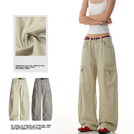 Multiple Pockets Retro-style Curved-leg Baggy Cargo Pants