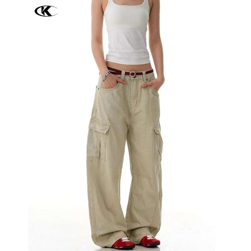Multiple Pockets Retro-style Curved-leg Baggy Cargo Pants