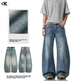 Washed Blue Bamboo-patterned Scimitar-silhouette Jeans