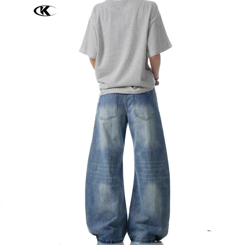 Washed Blue Bamboo-patterned Scimitar-silhouette Jeans