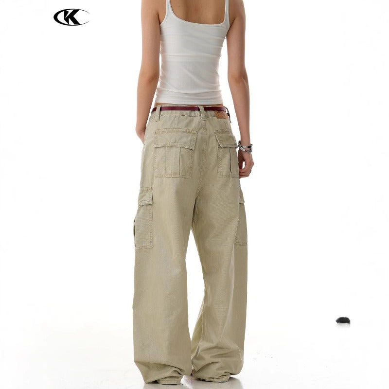 Multiple Pockets Retro-style Curved-leg Baggy Cargo Pants
