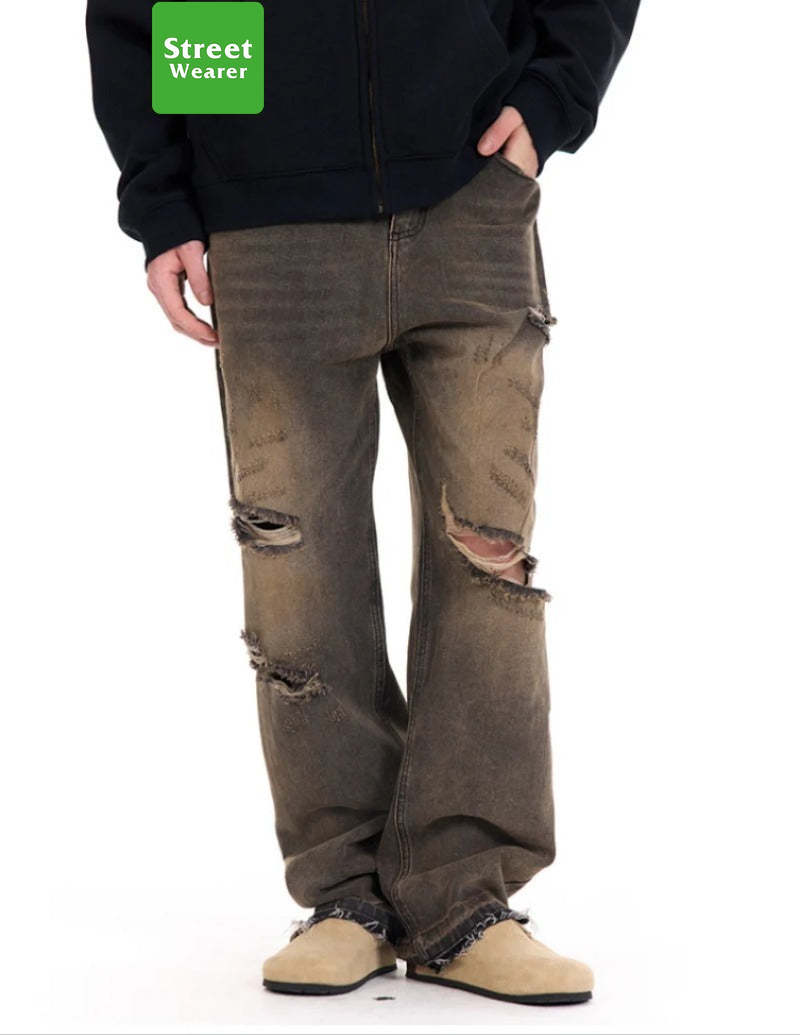 Cleanfit Basic Washed Vintage Casual Straight Ripped Jeans SW023UNFG510