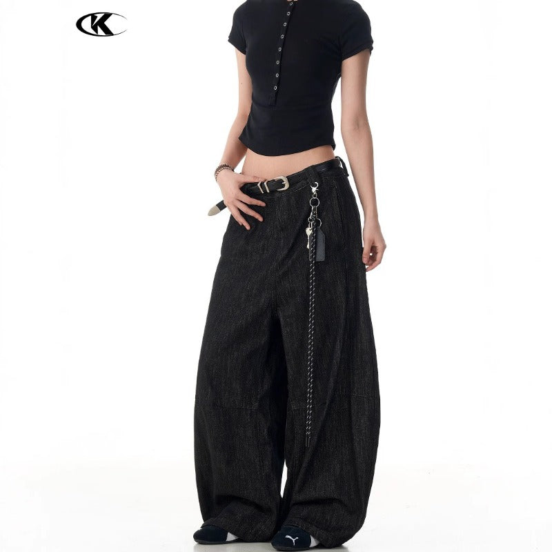 Vintage Black Scimitar-silhouette Wide-leg Jeans