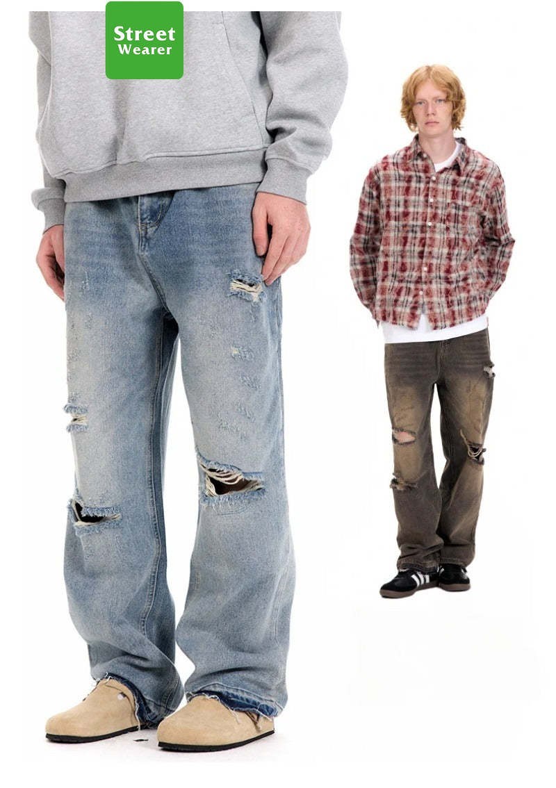 Cleanfit Basic Washed Vintage Casual Straight Ripped Jeans SW023UNFG510