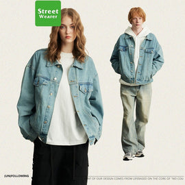 Casual Loose-fitting Short Light Blue Basic Couple's Washed Denim Jacket for Men UNFES02