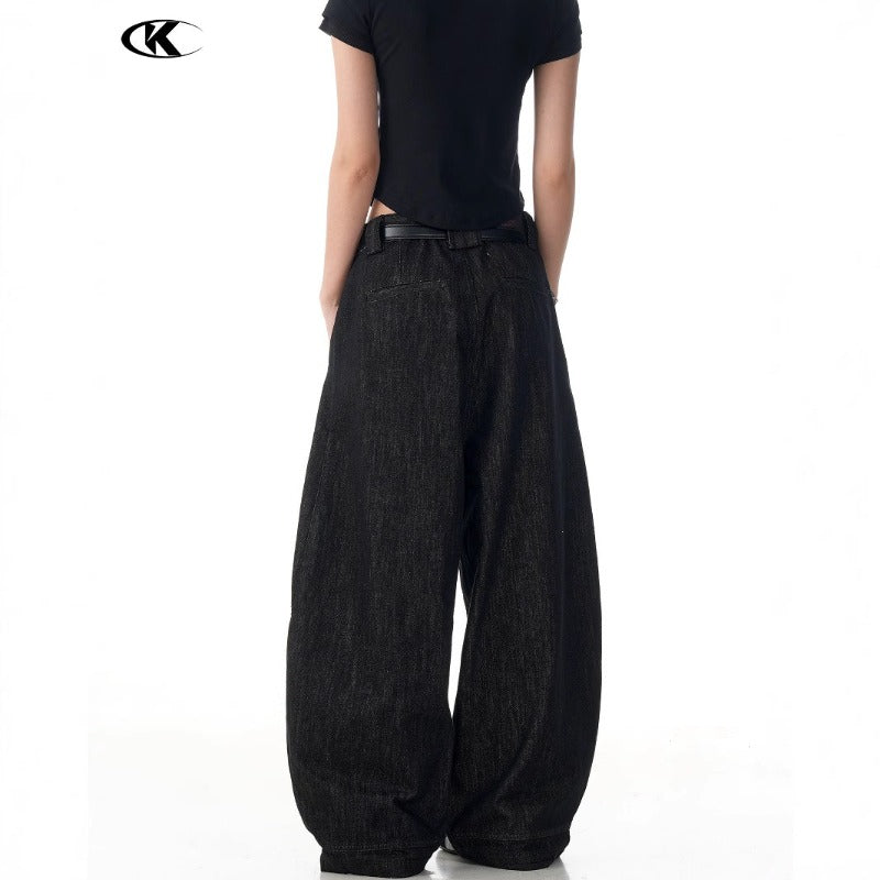Vintage Black Scimitar-silhouette Wide-leg Jeans