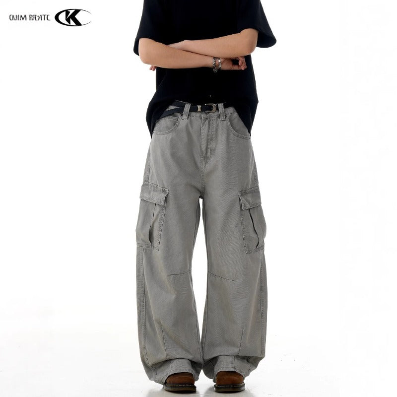 Multiple Pockets Retro-style Curved-leg Baggy Cargo Pants