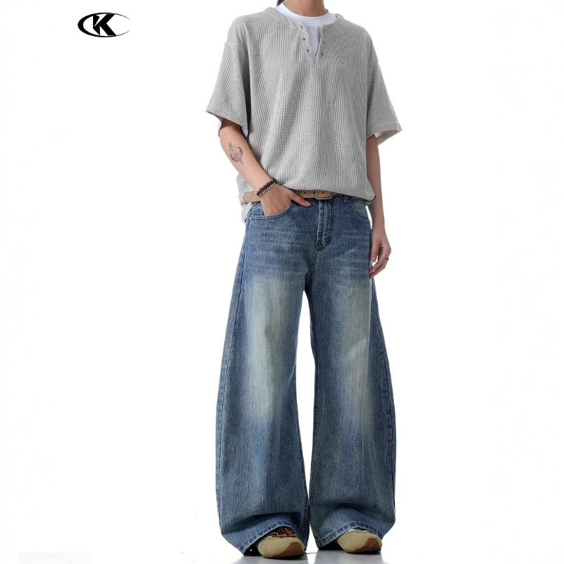 Washed Blue Bamboo-patterned Scimitar-silhouette Jeans