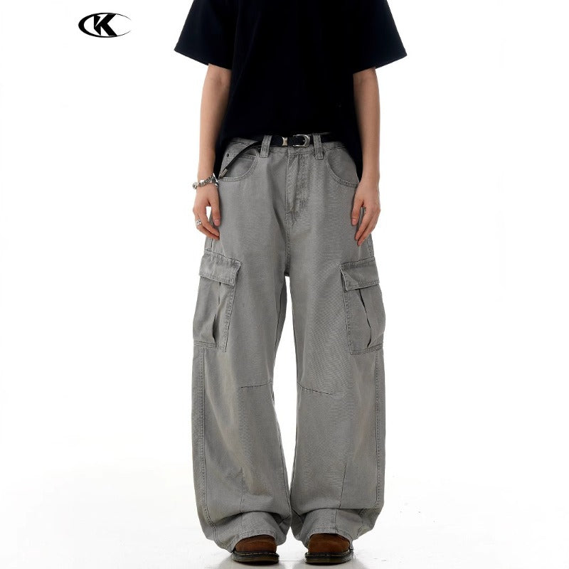 Multiple Pockets Retro-style Curved-leg Baggy Cargo Pants