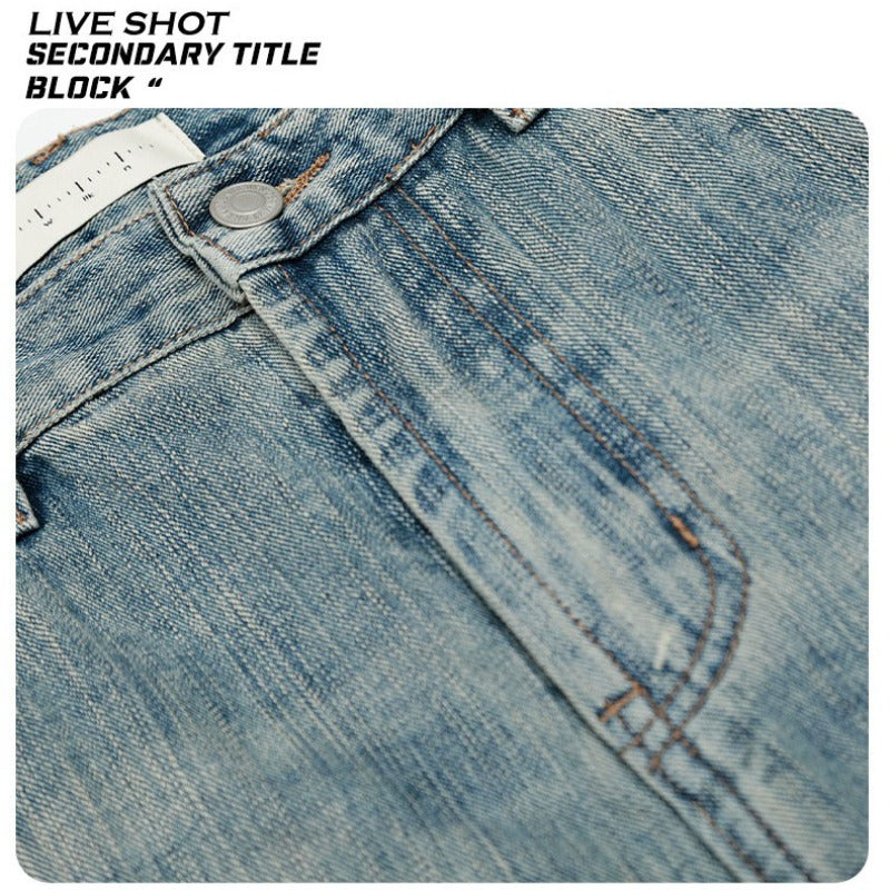 Washed Blue Bamboo-patterned Scimitar-silhouette Jeans