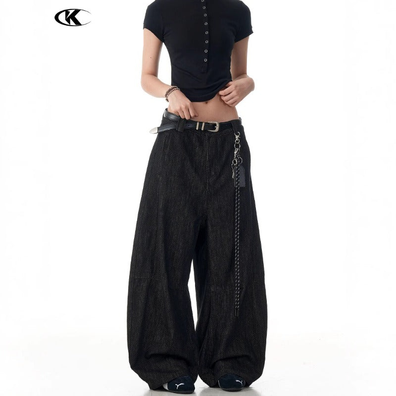 Vintage Black Scimitar-silhouette Wide-leg Jeans
