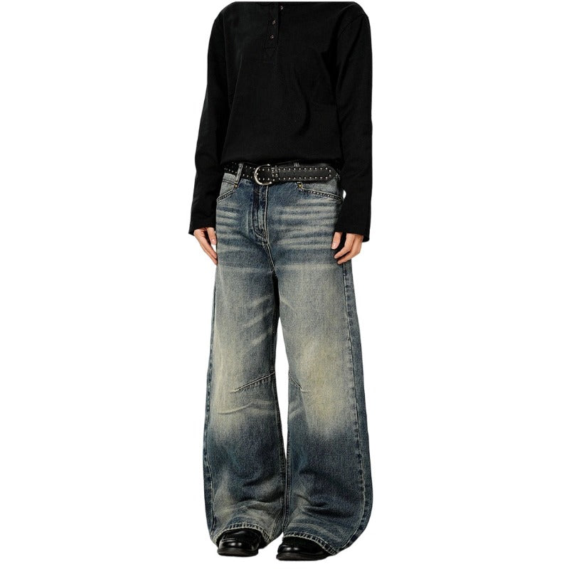 Retro Washed Blue Cat Whisker Loose Fit Jeans