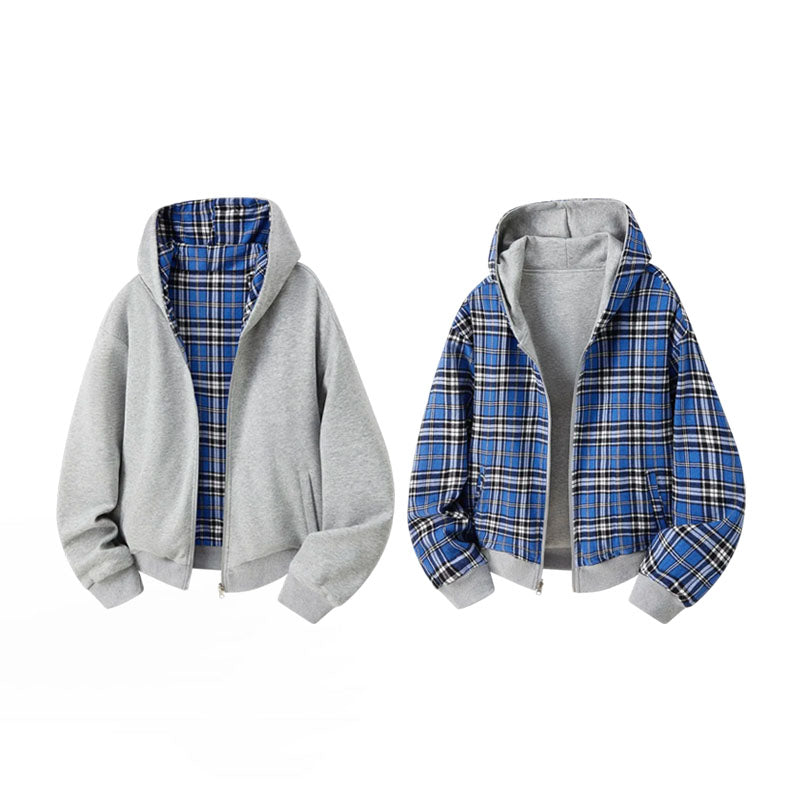 Royal Check Reversible Plaid Hoodies 1295 Grey