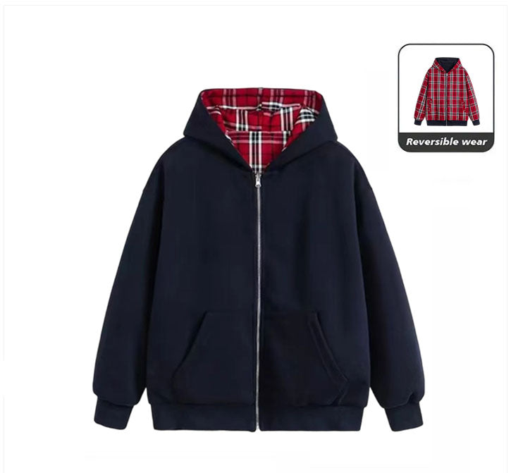 Navy Red Tartan 2-IN-1 Reversible Plaid Hoodie（Limited First Drop Pre-Order）