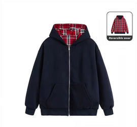 Navy Red Tartan 2-IN-1 Reversible Plaid Hoodie（Limited First Drop Pre-Order）