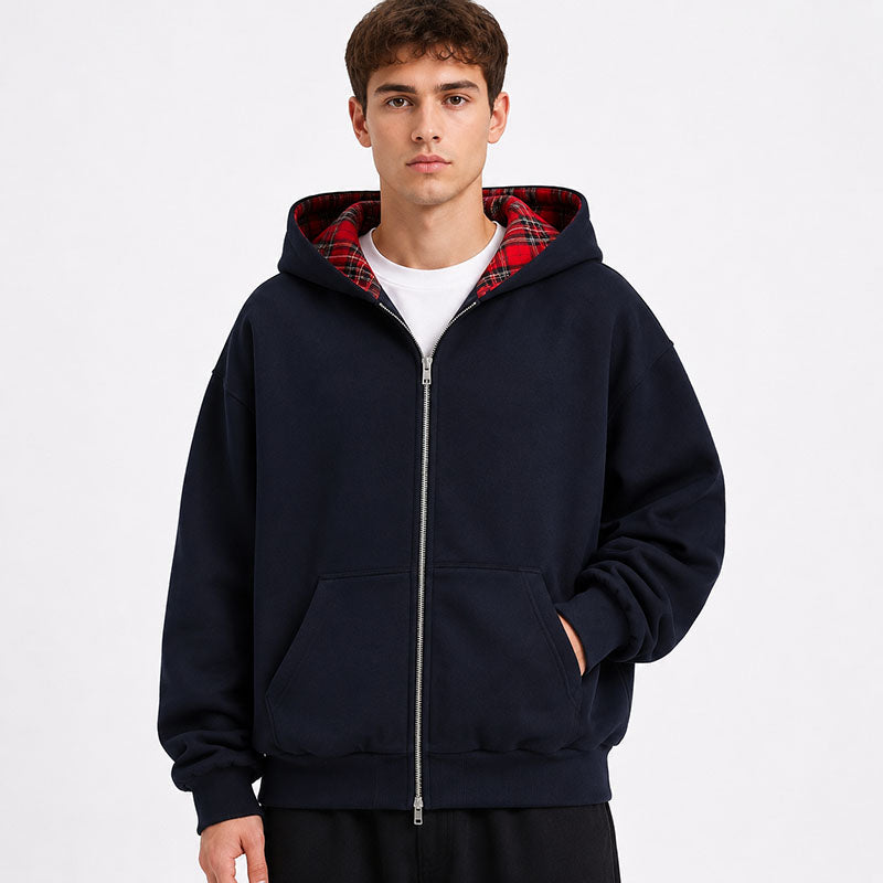 Navy Red Tartan 2-IN-1 Reversible Plaid Hoodie（Limited First Drop Pre-Order）