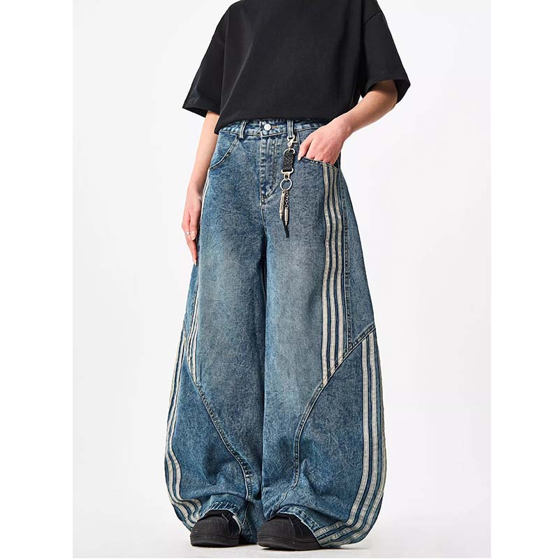 Vintage Baggy Washed Denim three stripes Jeans 7845