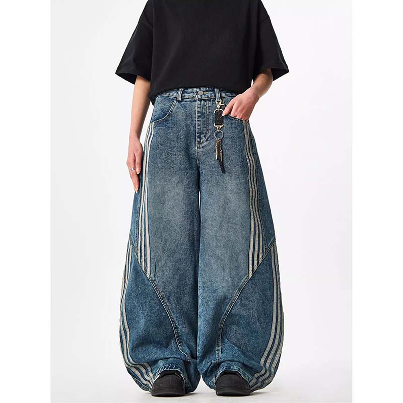 Vintage Baggy Washed Denim three stripes Jeans 7845