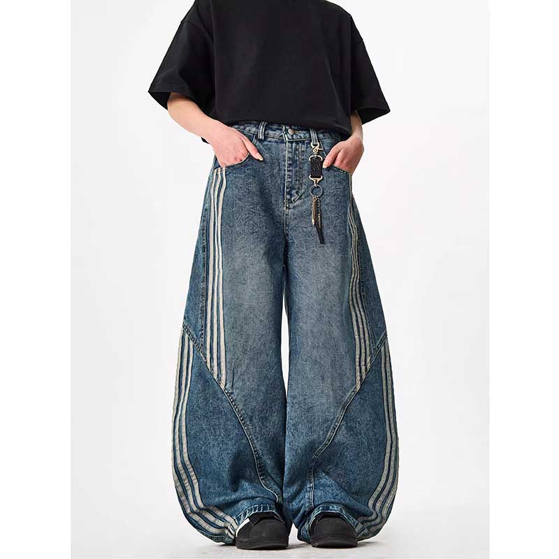 Vintage Baggy Washed Denim three stripes Jeans 7845