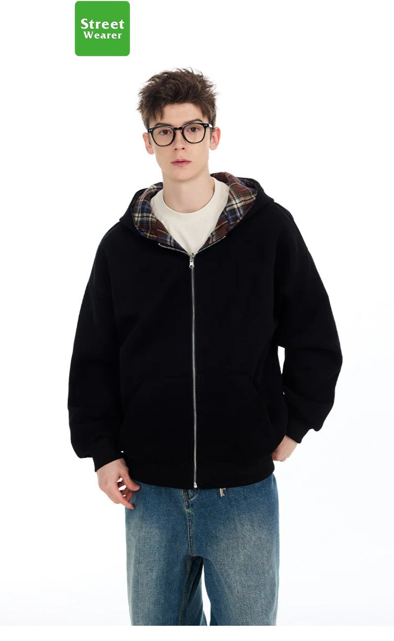 Retro Two-sided Patchwork Solid Color Pullover Hoodie SW034YEW1348GB