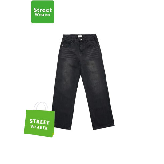 13.5OZ Heavyweight Washed and Distressed Baggy Whiskered Straight Leg Vintage Jeans SW029UNFG999