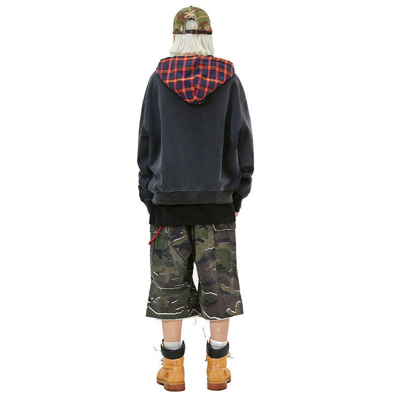 False Two Piece Plaid Washed Hoodie MD240959