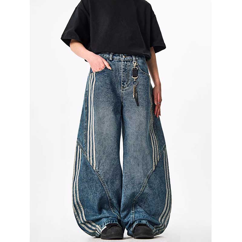 Vintage Baggy Washed Denim three stripes Jeans 7845
