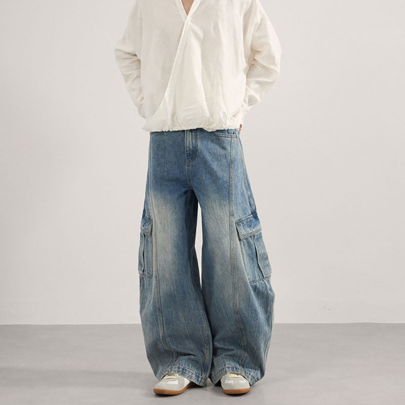 Multi-pocket washed curved leg jeans B124