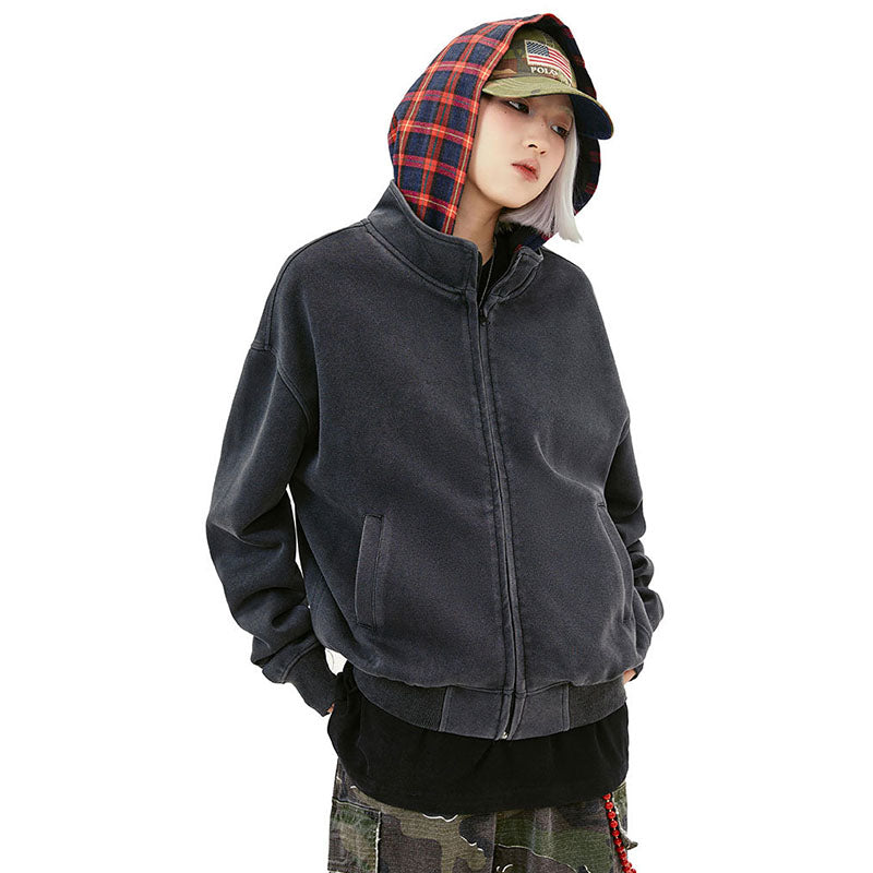 False Two Piece Plaid Washed Hoodie MD240959