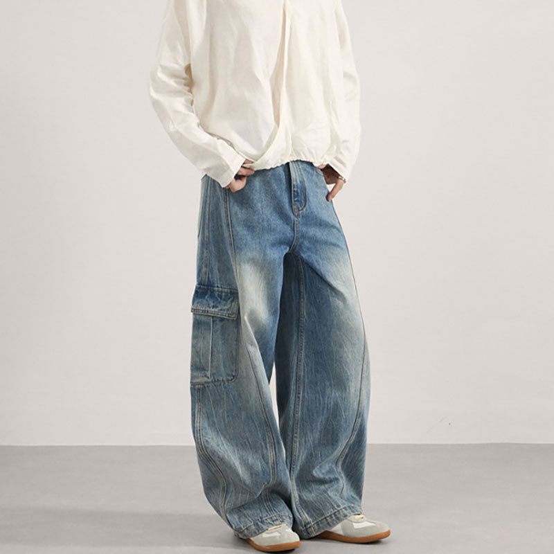 Multi-pocket washed curved leg jeans B124