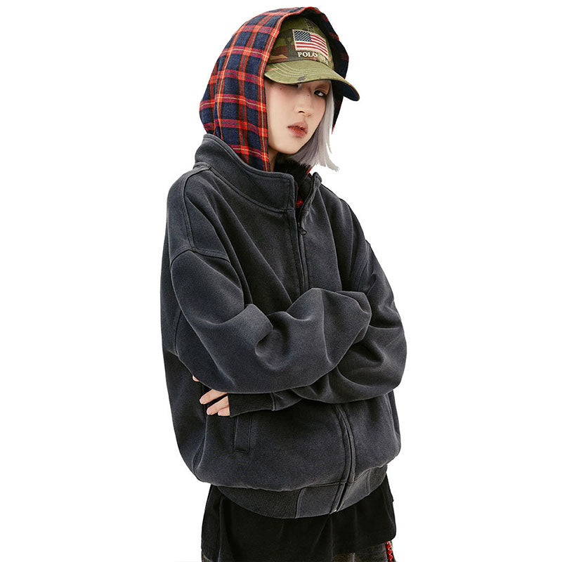 False Two Piece Plaid Washed Hoodie MD240959