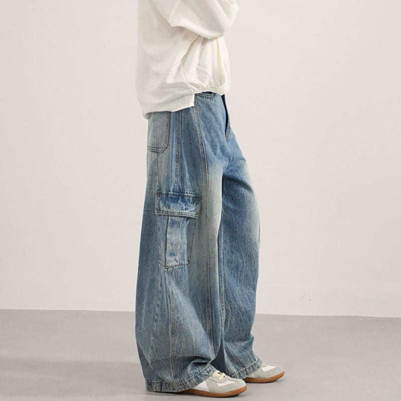 Multi-pocket washed curved leg jeans B124