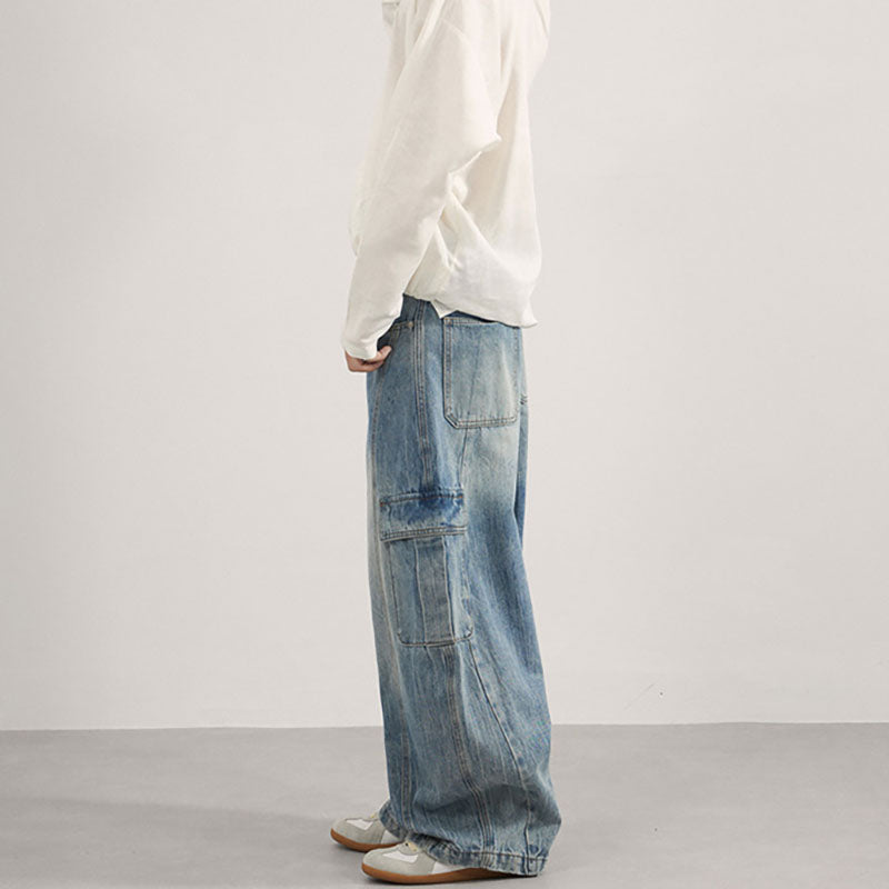 Multi-pocket washed curved leg jeans B124
