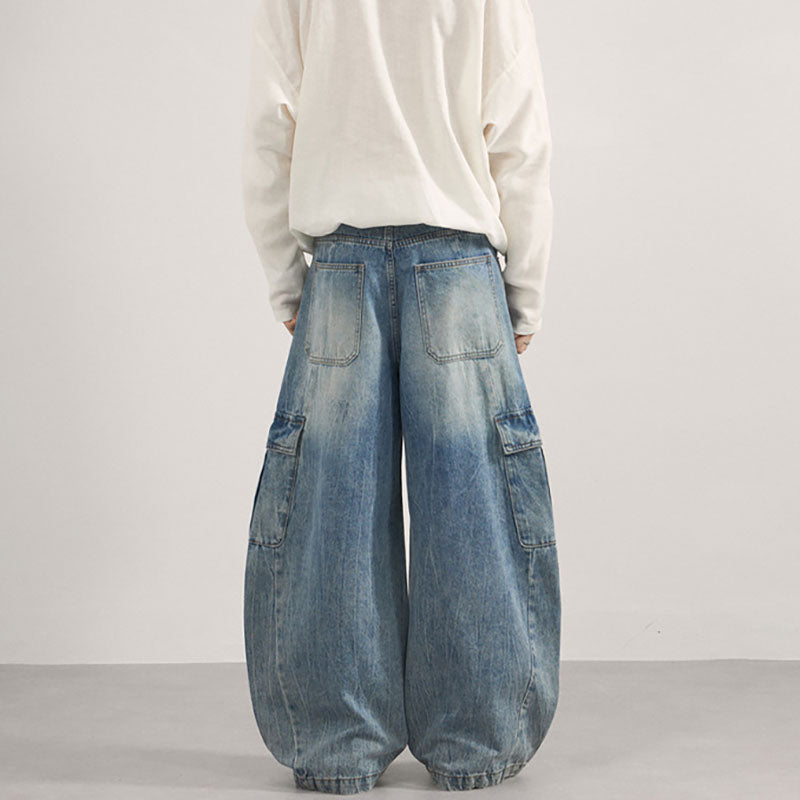 Multi-pocket washed curved leg jeans B124