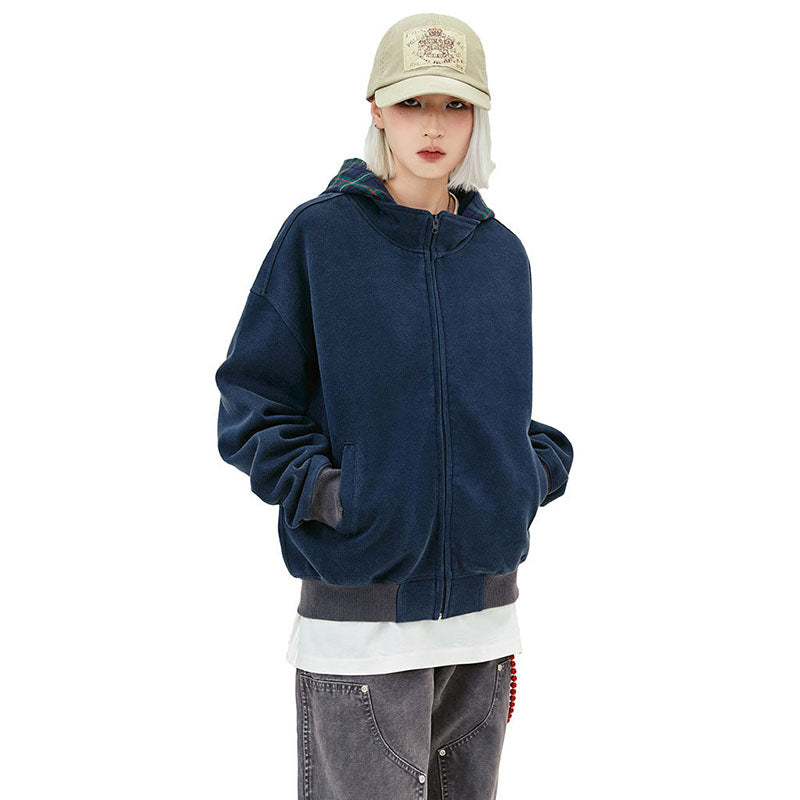 False Two Piece Plaid Washed Hoodie MD240959