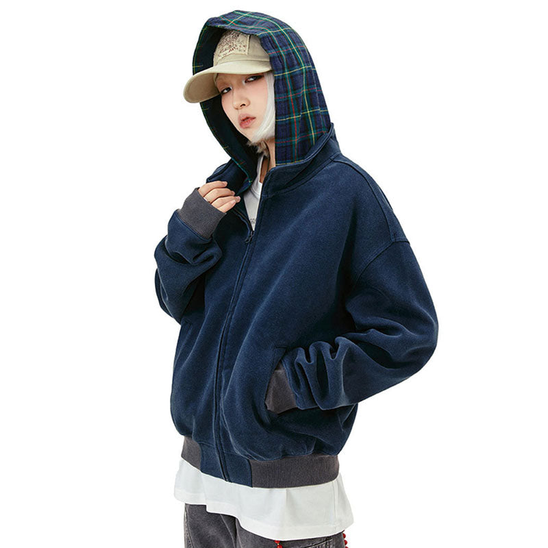False Two Piece Plaid Washed Hoodie MD240959