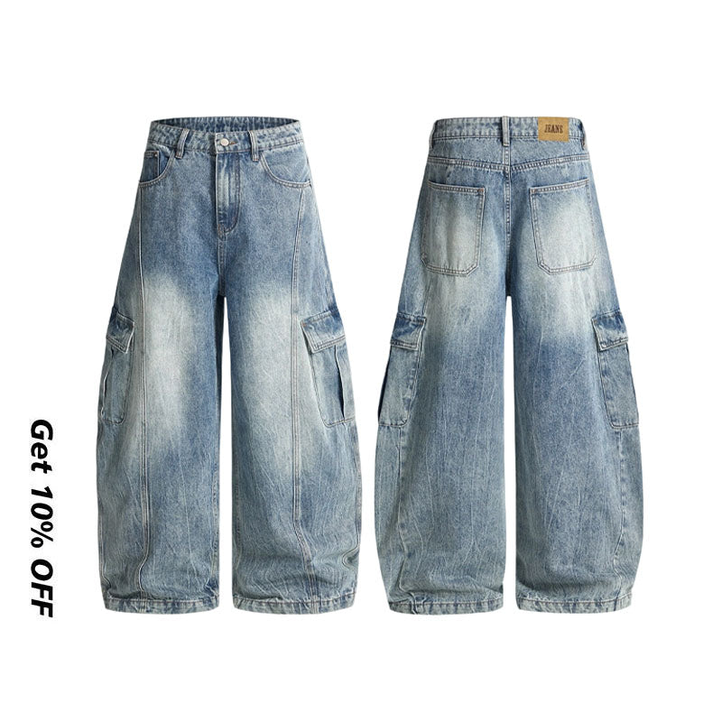 Multi-pocket washed curved leg jeans B124