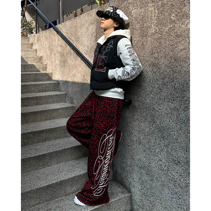Leopard Print Double Waistband Straight Wide Leg Sweatpants 5188