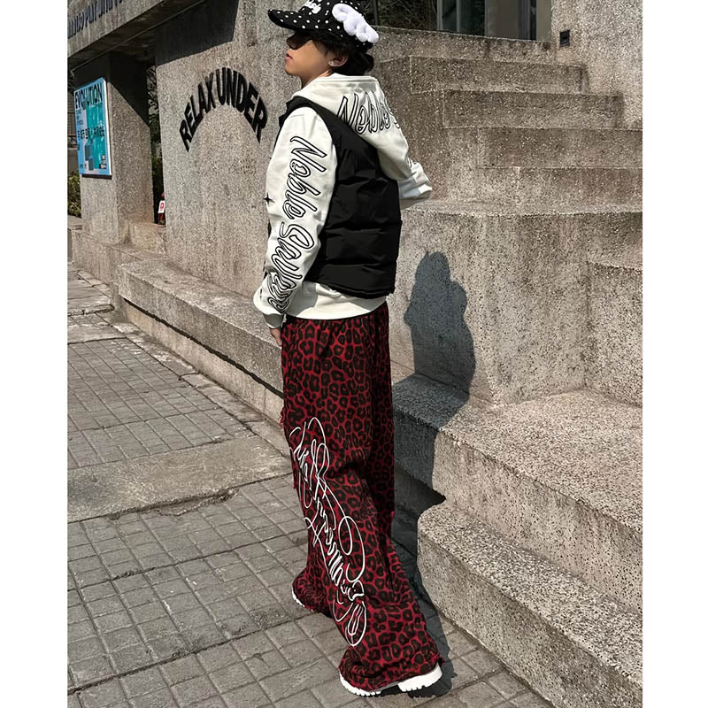 Leopard Print Double Waistband Straight Wide Leg Sweatpants 5188