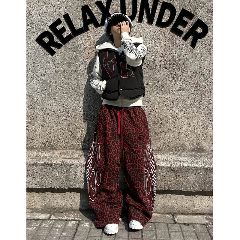 Leopard Print Double Waistband Straight Wide Leg Sweatpants 5188