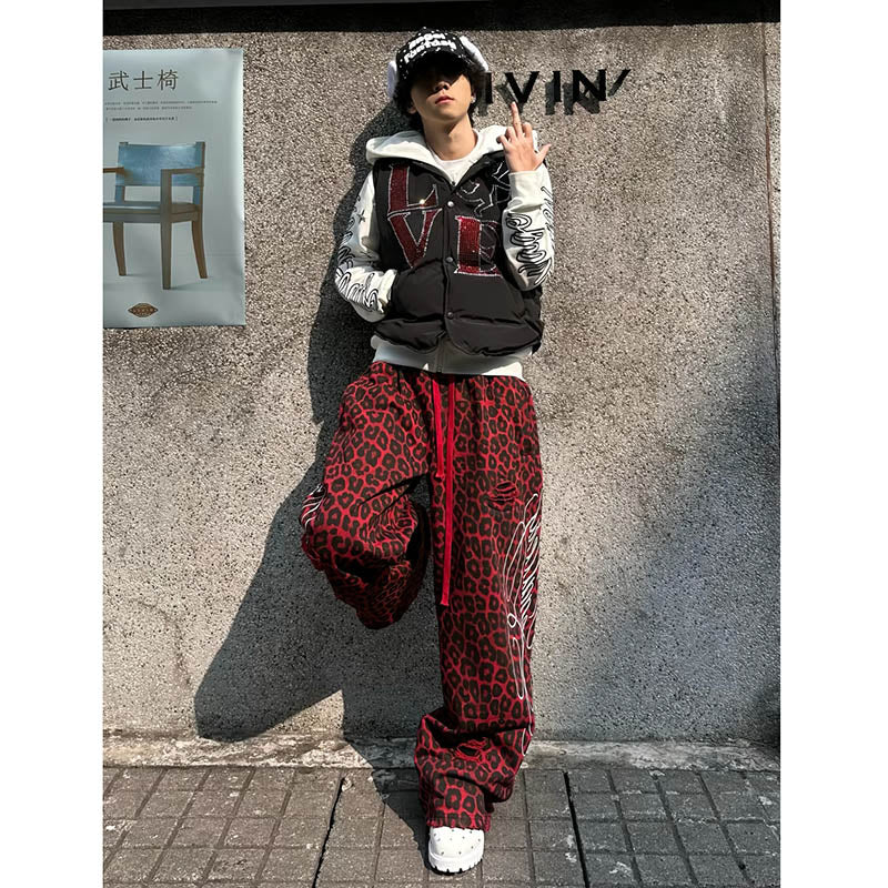 Leopard Print Double Waistband Straight Wide Leg Sweatpants 5188