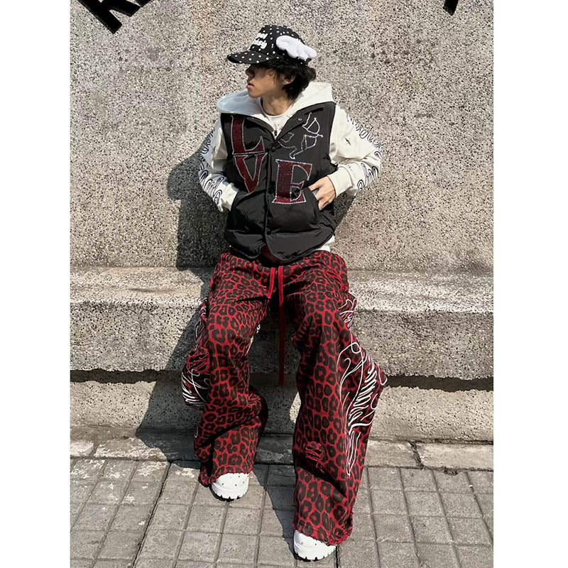 Leopard Print Double Waistband Straight Wide Leg Sweatpants 5188