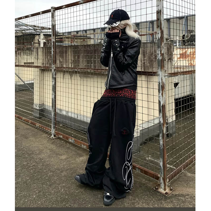 Leopard Print Double Waistband Straight Wide Leg Sweatpants 5188