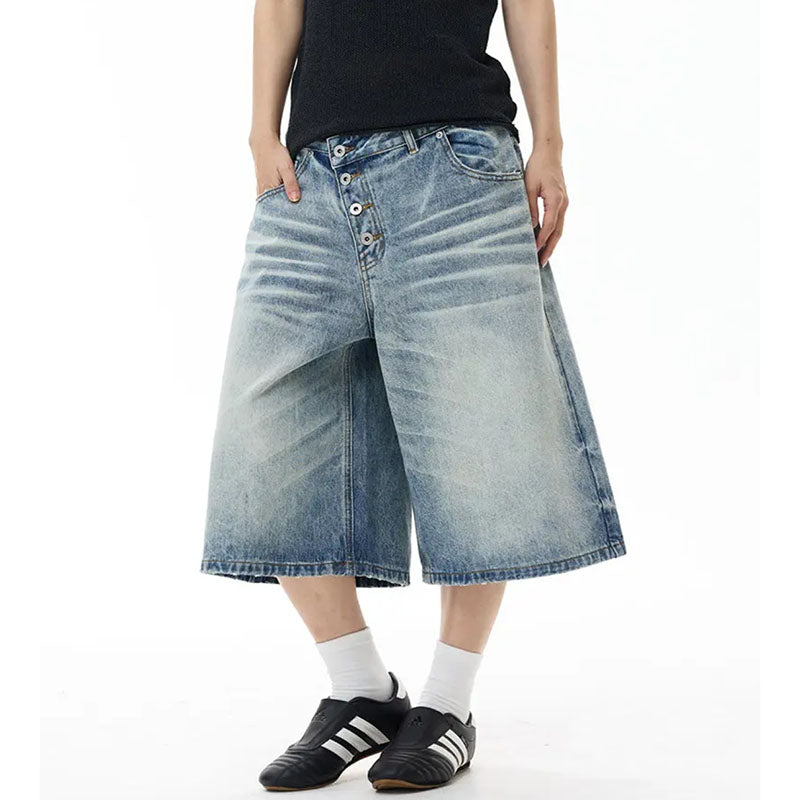 Flip Utility Button Fly Baggy Denim Shorts – Light Blue