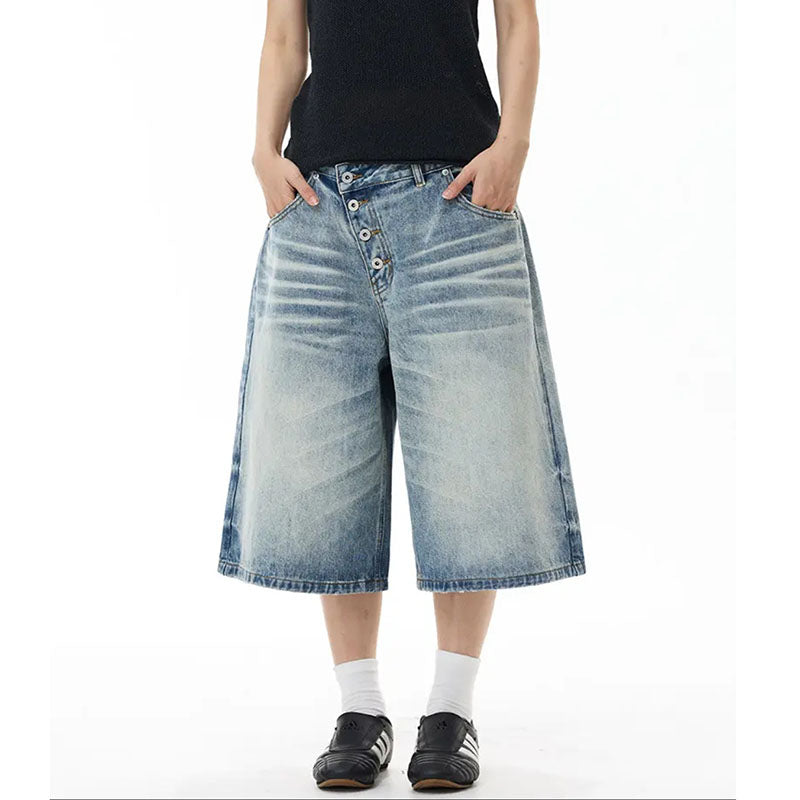Flip Utility Button Fly Baggy Denim Shorts – Light Blue