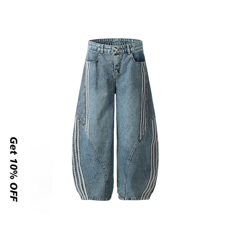 Vintage Baggy Washed Denim three stripes Jeans 7845