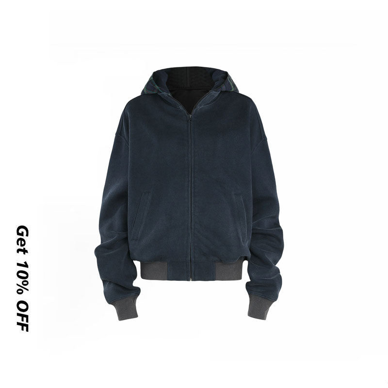 False Two Piece Plaid Washed Hoodie MD240959