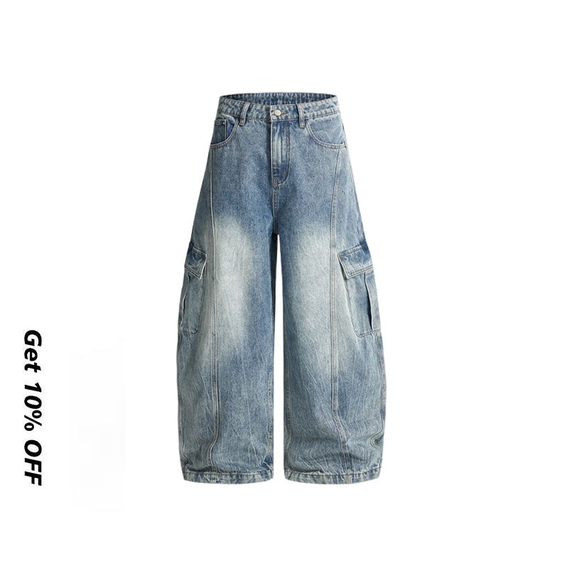 Multi-pocket washed curved leg jeans B124